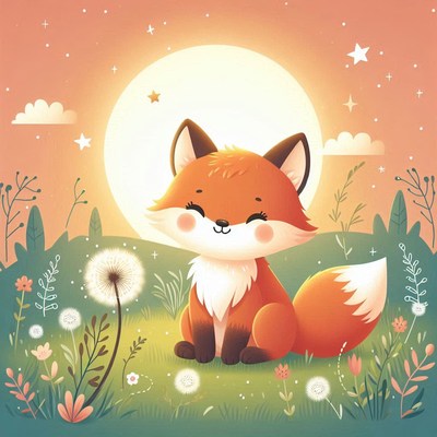 A cute fox sits in a field at sunset
