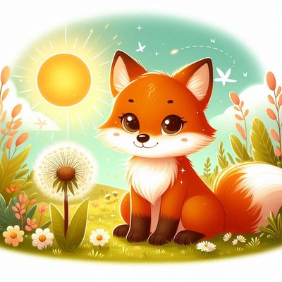 A cute fox sits in a field of flowers on a sunny day