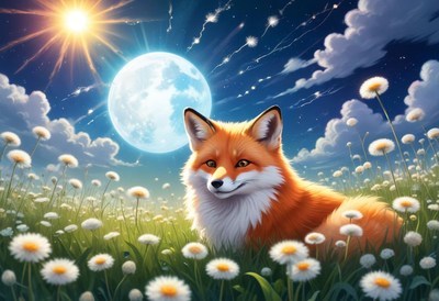 A fox rests in a flower field under sun and moon