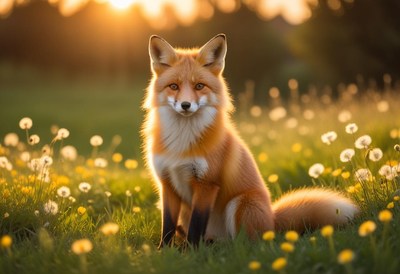 A red fox sits in a field of dandelions at sunset