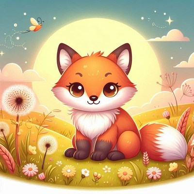 A cute fox sits in a field of flowers
