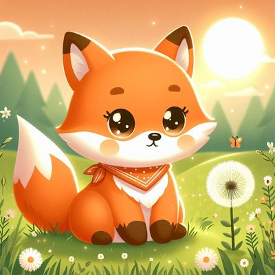 A cute fox sits in a field of flowers