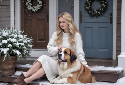 A woman sits on her porch with her dog in the snow