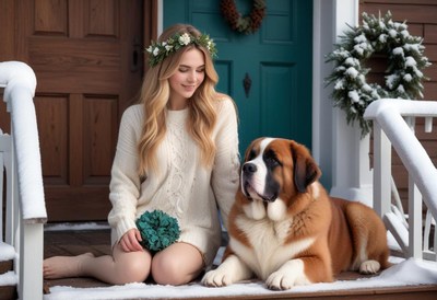 Woman with flower crown sits on snowy porch with dog