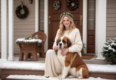 A woman sits on a snowy porch with her dog