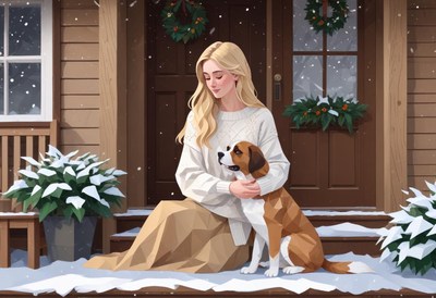 A woman sits on her porch with her dog in the snow