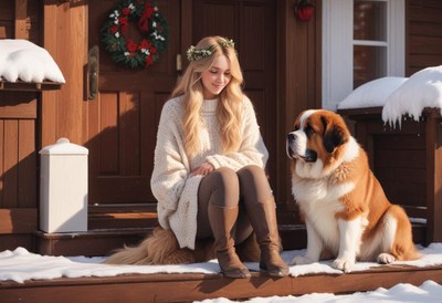 A woman sits with her dog on a snowy porch