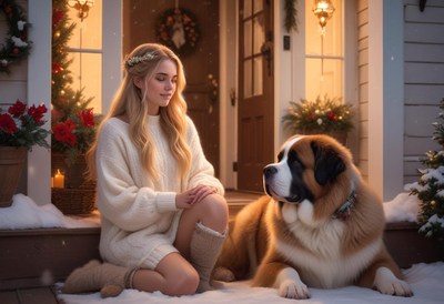 A woman sits on a snowy porch with her dog