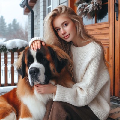 A woman pets her saint bernard dog on a snowy porch