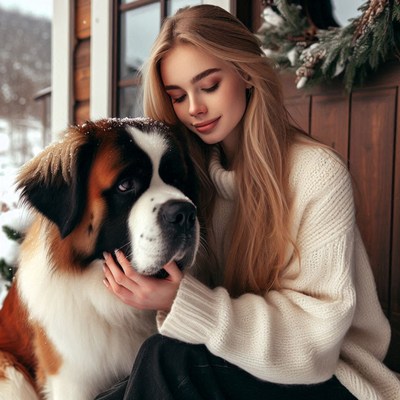Woman smiles at her saint bernard by a cabin