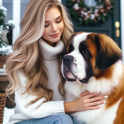 Woman in white sweater pets saint bernard outdoors