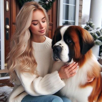 Woman hugs saint bernard in winter
