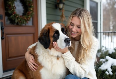 A woman smiles at her saint bernard dog on a snowy porch