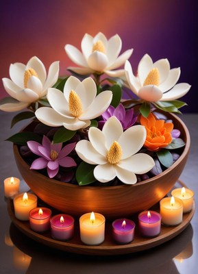 White magnolia in a wooden bowl with candles