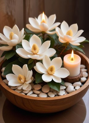 White magnolia flowers and a candle in a wooden bowl