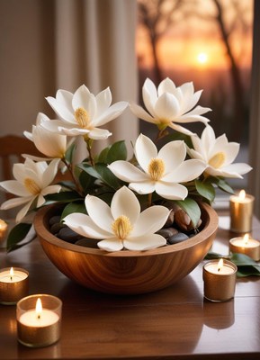 White magnolia flowers in a wooden bowl with candles