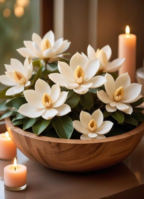 White magnolia flowers bloom in a wooden bowl