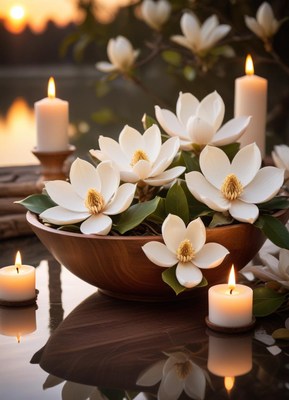 Magnolia flowers and candles in a bowl at sunset