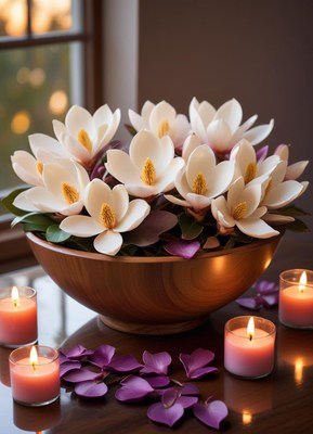 A wooden bowl holds white magnolia blossoms and candles