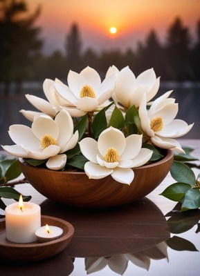 White magnolia flowers in a wooden bowl at sunset