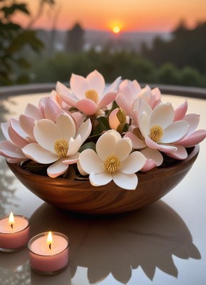 Magnolia blossoms in a wooden bowl at sunset