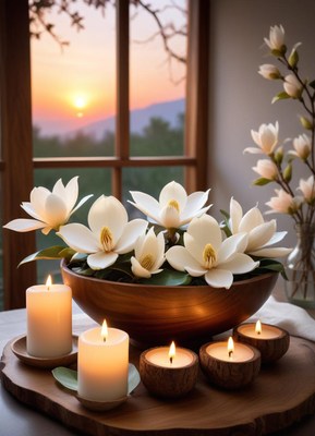 White magnolias and candles set a serene sunset