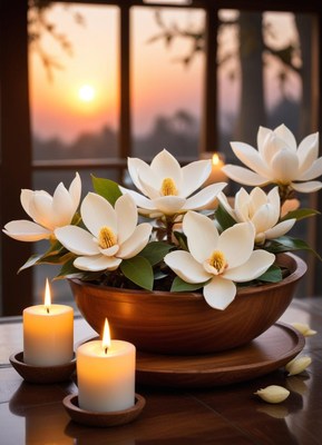 A wooden bowl sits on a table with two candles next to it