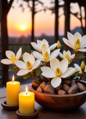 White magnolia flowers bloom in a wooden bowl at sunset