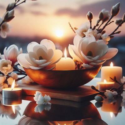 Candles and flowers at sunset