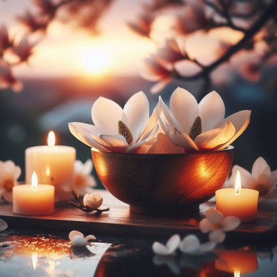 Magnolia blossoms in a candlelit bowl at sunset