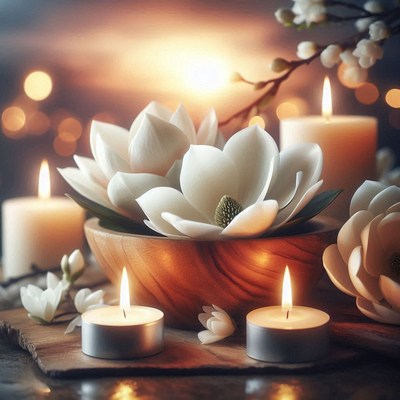 Magnolia blossoms and candles create a relaxing atmosphere