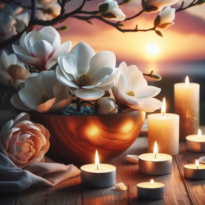White magnolias in a wooden bowl with candles at sunset