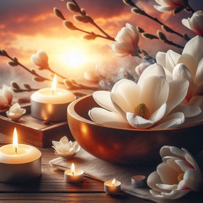 Bowl of magnolia blooms, candles, sunset backdrop