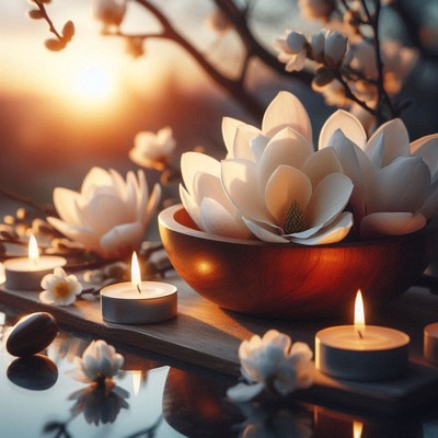 Candles and flowers create a serene atmosphere at sunset