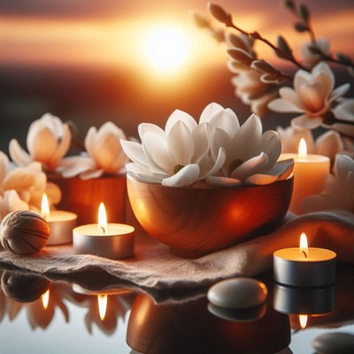 White flowers and candles reflect in the setting sun