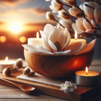A wooden bowl filled with magnolia blossoms and candles