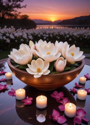 Magnolia blooms and candles in a bowl at sunset