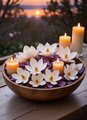 Candles and flowers in a bowl at sunset