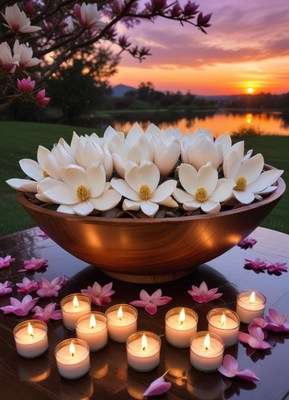 A bowl of white magnolia blossoms sits on a table at sunset