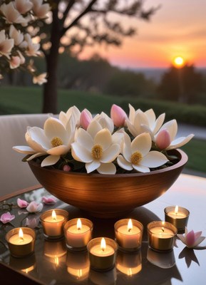 White magnolia flowers in a wooden bowl at sunset