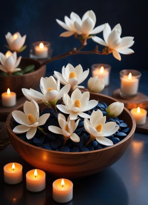 White magnolia blossoms in a bowl with candles