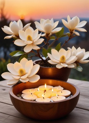 Candles float in a wooden bowl with magnolia flowers