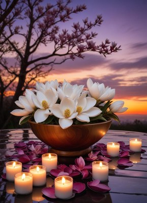 Wooden bowl of magnolias on a candlelit table