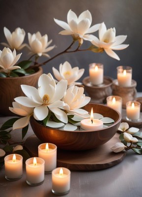 Candles and magnolia flowers create a relaxing atmosphere