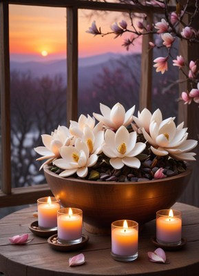 White magnolia flowers with candles at sunset