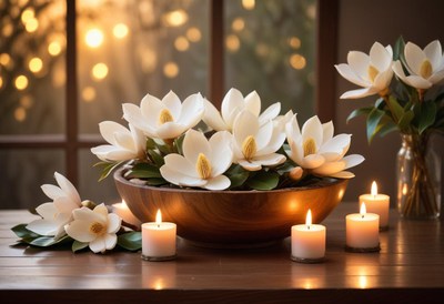 White magnolia flowers in a wooden bowl with lit candles
