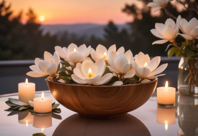 Magnolia flowers and candles in a wooden bowl