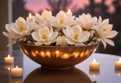 Magnolia flowers and candles in a wooden bowl