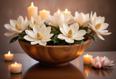 White magnolia flowers in a wooden bowl with candles