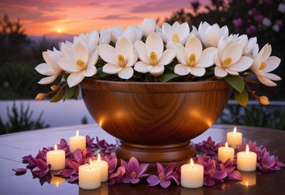 Magnolia flowers and candles in a bowl at sunset